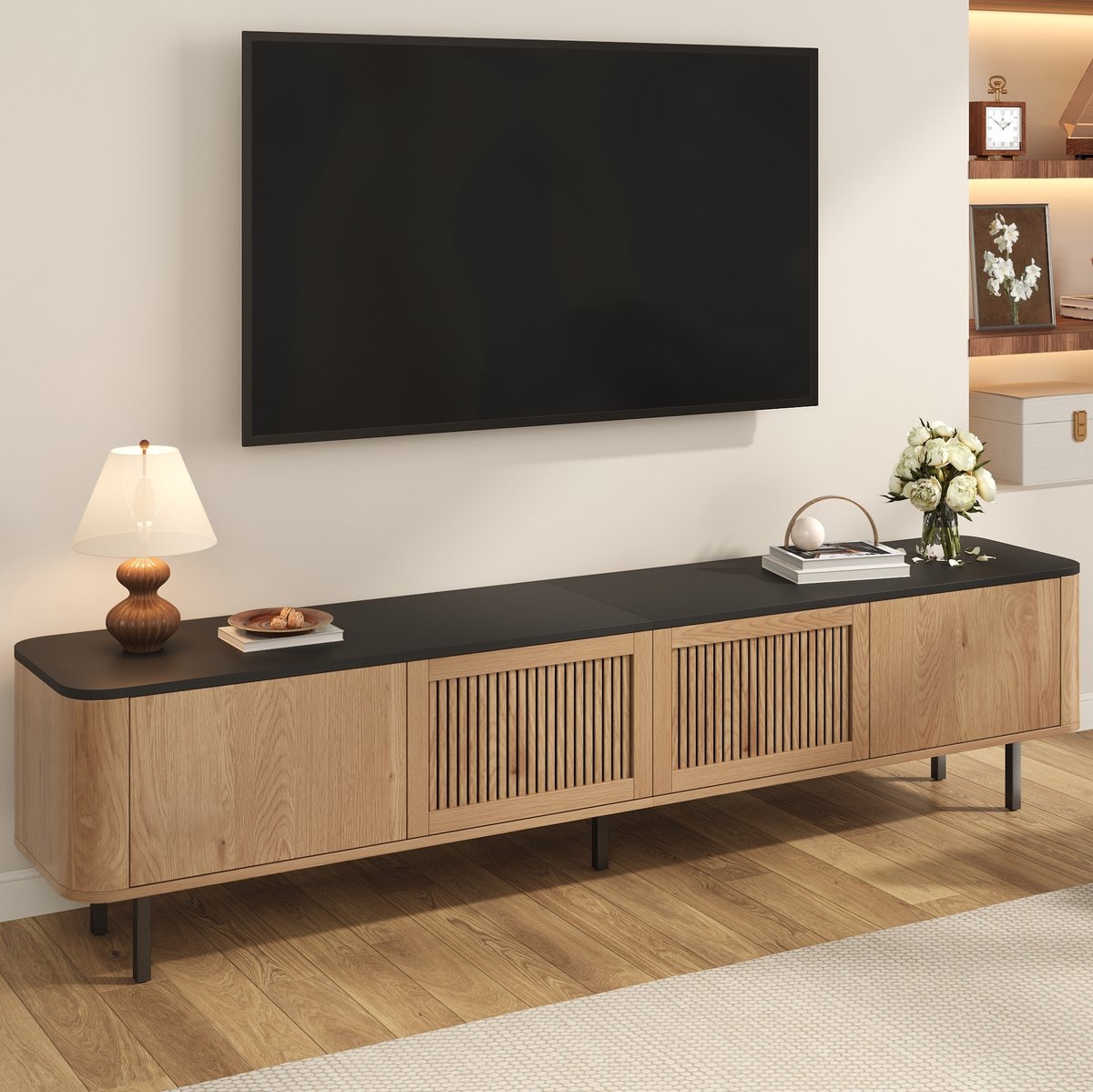 REDOM - TV meubel - Gitterdeur - Meerdere opbergvakken - Modern minimalistisch - Woonkamer - MDF en spaanplaat - Eikenhoutkleur - 190 x 35 x 45 cm