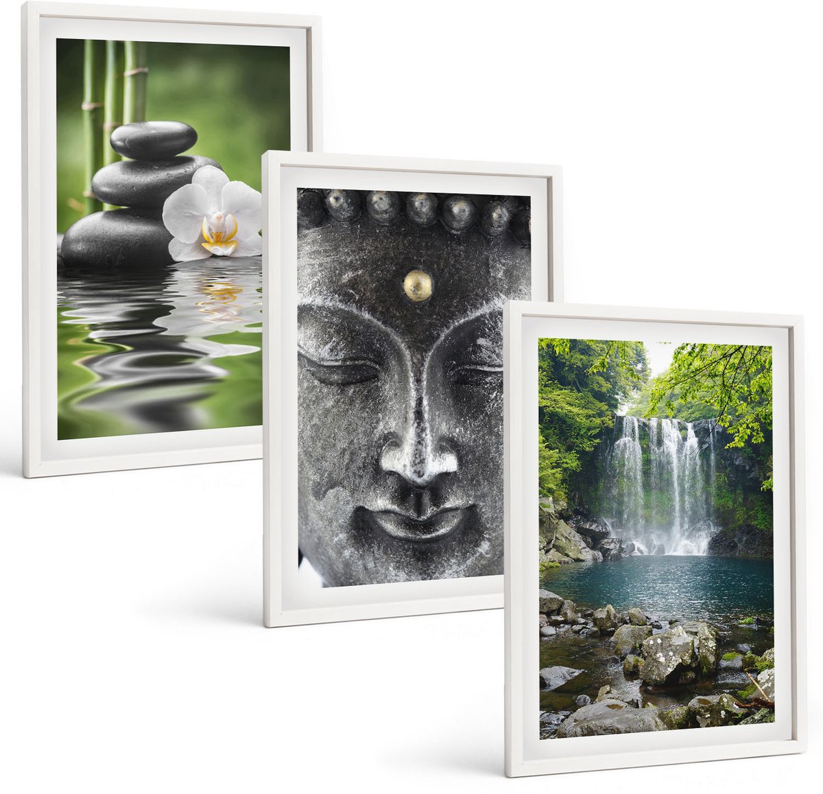 Wallfluent 3-Delige Schilderij Set - Harmonie Van De Natuur Met Stenen, Water En Boeddha - 40 x 60 - Muurdecoratie - Wanddecoratie - Hal - Interieur Decoratie