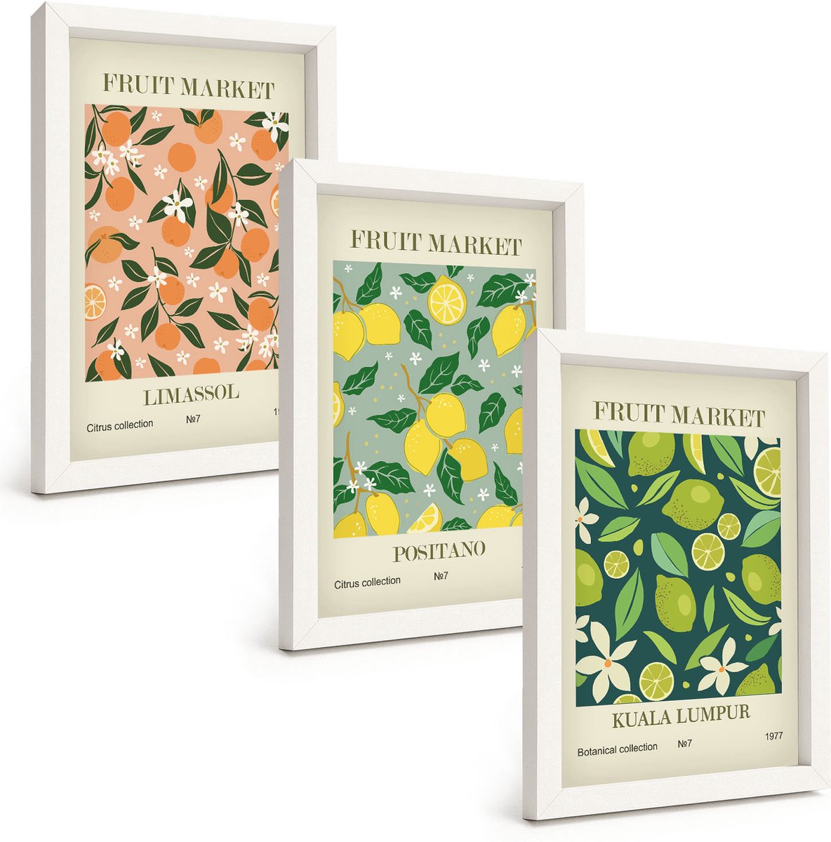 Wallfluent 3-Delige Schilderij Set - Fruitpatronen Met Citrusvruchten En Vintage Bloemen - 20 x 30 - Schilderijen Set - Wanddecoratie - Woonkamer - Woonkamer Decoratie