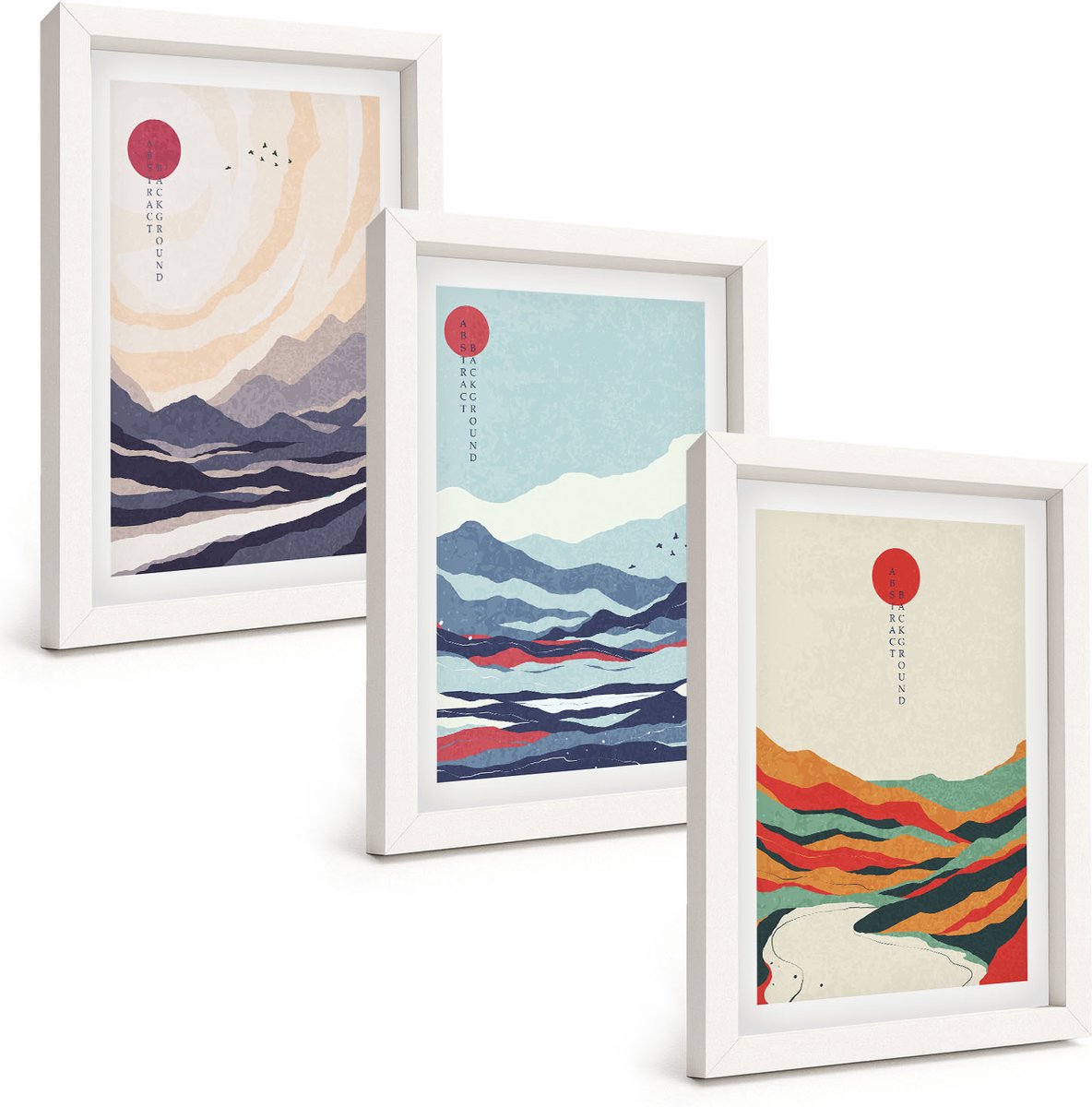 Wallfluent 3-Delige Schilderij Set - Japanse Abstracte Berglandschappen - 20 x 30 - Muurdecoratie - Wanddecoratie - Slaapkamer