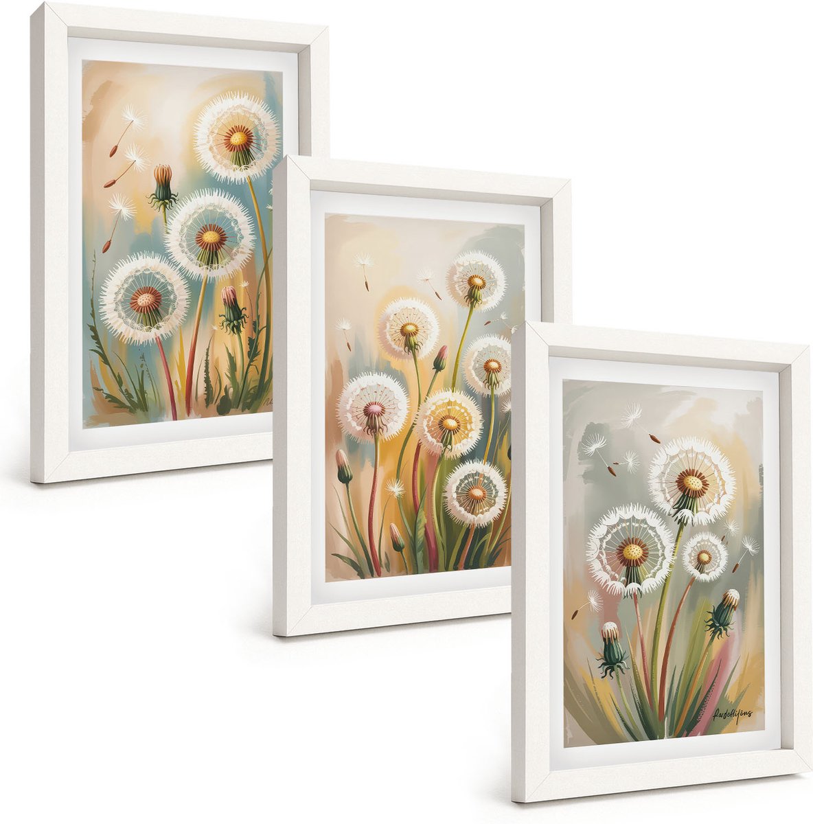 Wallfluent 3-Delige Schilderij Set - Paardenbloemen Tegen Een Pastelkleurige Grasachtergrond - 20 x 30 - Schilderijen Set - Wanddecoratie - Woonkamer - Woonkamer Decoratie