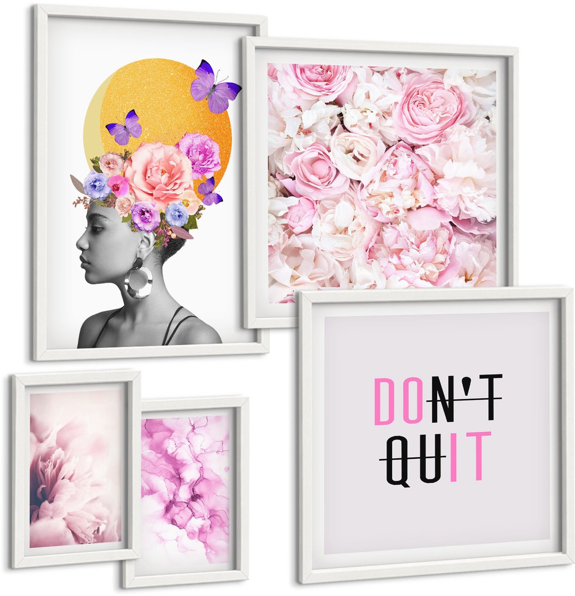 Wallfluent 5-Delige Schilderij Set - Bloemmotieven Met Vrouwen En Inspirerende Slogans - 50 x 50 cm, 20 x 30 cm En 40 x 60 cm - Wanddecoratie - Schilderijen Set - Interieur - Woonkamer Decoratie