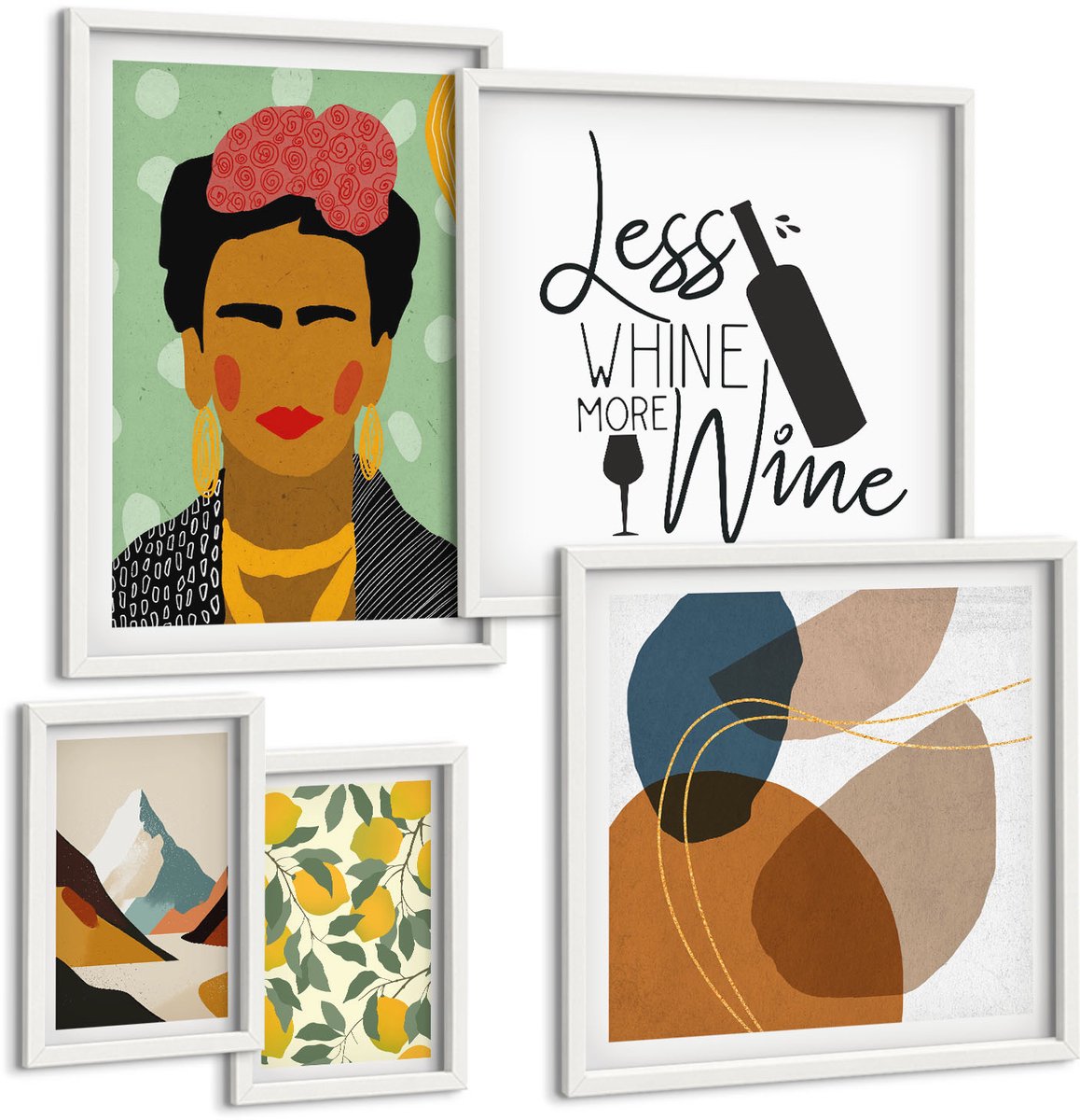 Wallfluent 5-Delige Schilderij Set - Boho-Stijl Met Portretten En Abstracte Patronen - 50 x 50 cm, 20 x 30 cm En 40 x 60 cm - Muurdecoratie - Schilderijen Set - Woonkamer - Interieur Decoratie