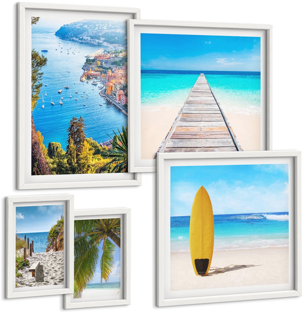 Wallfluent 5-Delige Schilderij Set - Kustlandschappen Met Stranden En Turquoise Wateren - 50 x 50 cm, 20 x 30 cm En 40 x 60 cm - Muurdecoratie - Wanddecoratie - Hal - Decoratieve Schilderijen