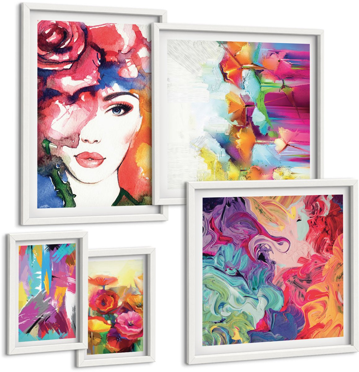 Wallfluent 5-Delige Schilderij Set - Kleurrijke Abstracte Kunst En Portretten In Een Moderne Stijl. - 50 x 50 cm, 20 x 30 cm En 40 x 60 cm - Wanddecoratie - Moderne Interieurdecoratie - Stijlvolle Muurdecoratie