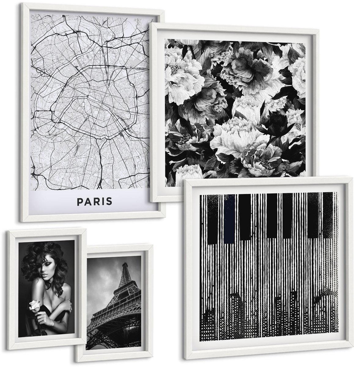 Wallfluent 5-Delige Schilderij Set - Elegante Motieven En Stadsarchitectuur In Parijse Stijl - 50 x 50 cm, 20 x 30 cm En 40 x 60 cm - Muurdecoratie - Wanddecoratie - Slaapkamer - Interieur Decoratie