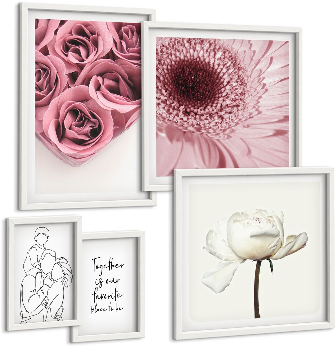 Wallfluent 5-Delige Schilderij Set - Bloemeninspiratie In Romantische Boho-Stijl - 50 x 50 cm, 20 x 30 cm En 40 x 60 cm - Decoratieve Schilderijen - Woonkamer - Interieur - Interieur Decoratie