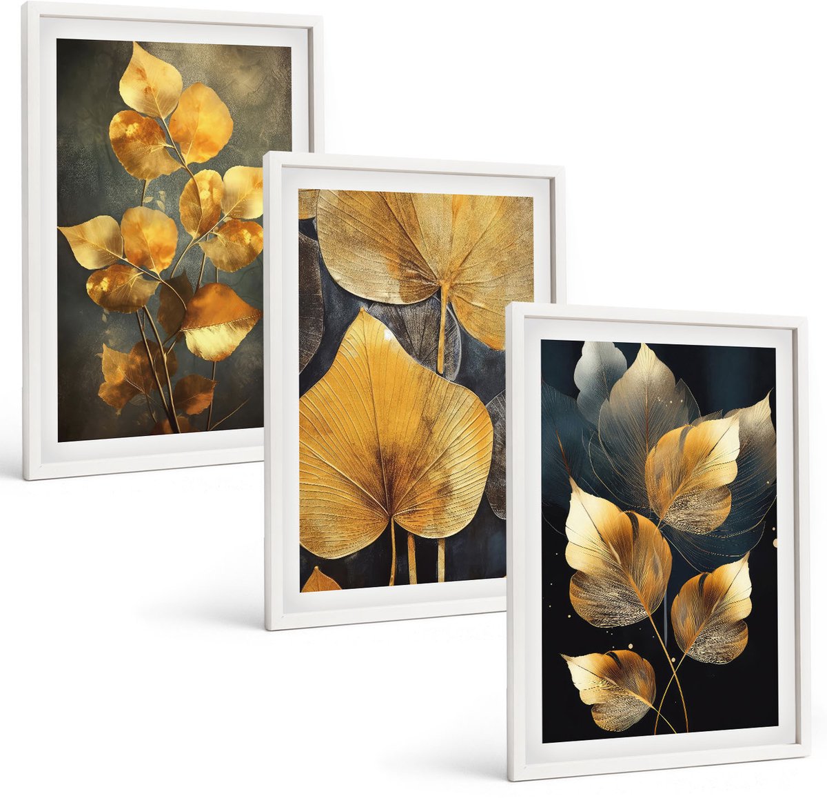 Wallfluent 3-Delige Schilderij Set - Bladeren In Verschillende Tinten Geel Op Een Donkere Achtergrond - 40 x 60 - Wanddecoratie - Moderne Interieurdecoratie