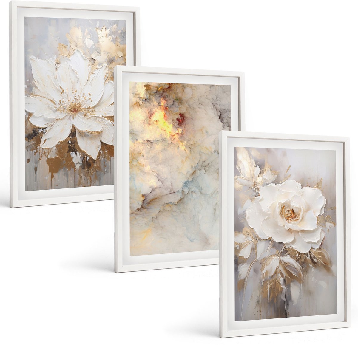 Wallfluent 3-Delige Schilderij Set - Bloemen Op Een Lichte Achtergrond Met Abstracte Patronen. - 40 x 60 - Muurdecoratie - Decoratieve Schilderijen - Wohnzimmer - Stijlvolle Muurdecoratie