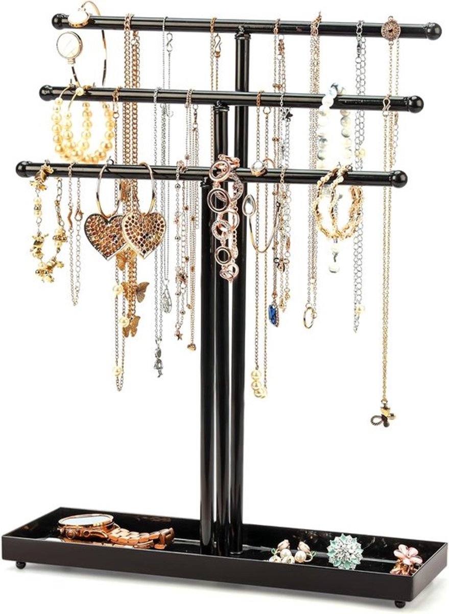 Zwarte 3-Laags Sieradenstandaard met Opberglade - Tafelmodel Organizer voor Kettingen, Armbanden & Oorbellen