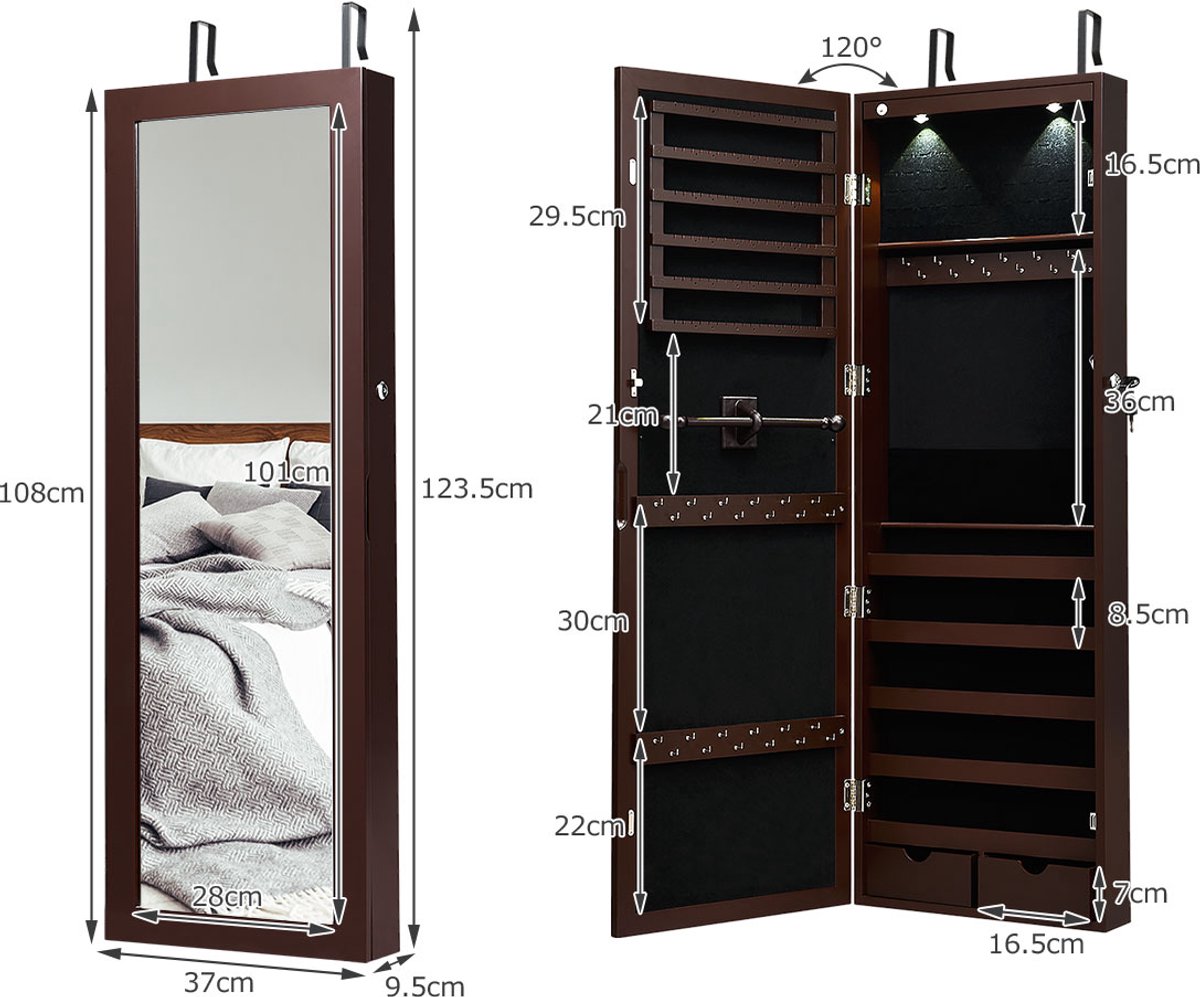 SureDeal® - Sieradenkast - Hangende Spiegelkast - LED verlichting - Lades Afsluitbare Wandkast - Wand - Deurmontage - 37x9,5x123,5 cm - Bruin