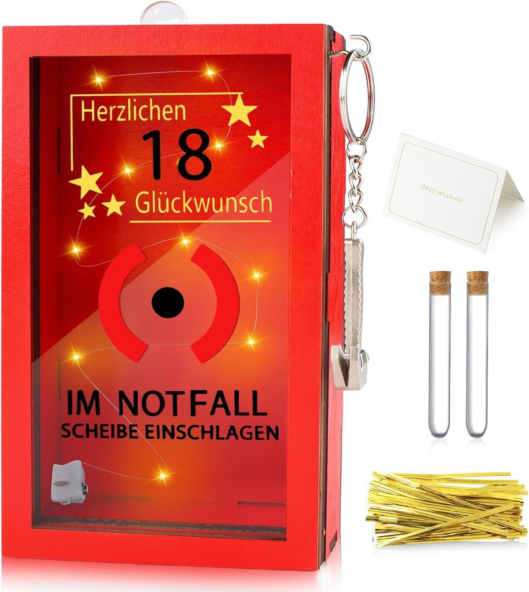 Persoonlijke Houten Geldbox voor 18e Verjaardag met LED Verlichting, Testbuizen en Gouden Koord - Origineel Cadeau voor Geld, Snoep en Chocolade