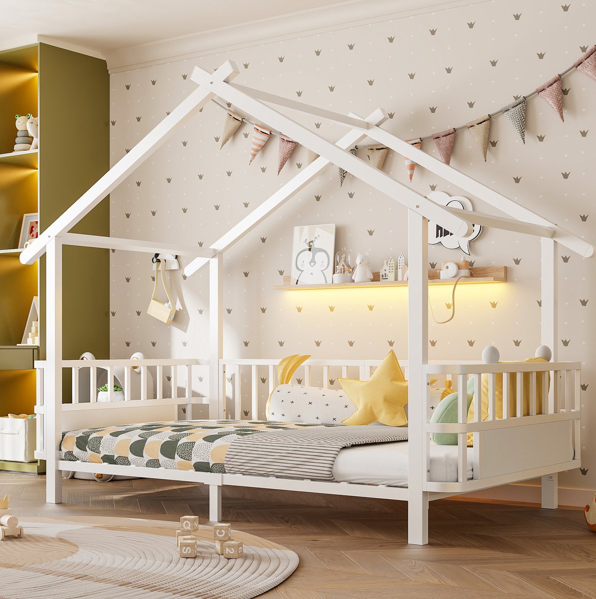 Kinderbed Hemelbed 90 x 200 cm Metaal Wit Met Veiligheidshekje En Dakframe Voor Kinderkamer
