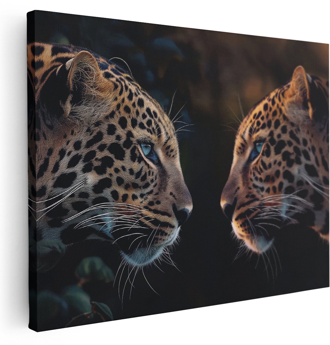 Artaza Canvas Schilderij Twee Luipaarden die Elkaar Aankijken - Dieren - 160x120 cm - Groot - Wanddecoratie Woonkamer - Schilderijen - Muurdecoratie