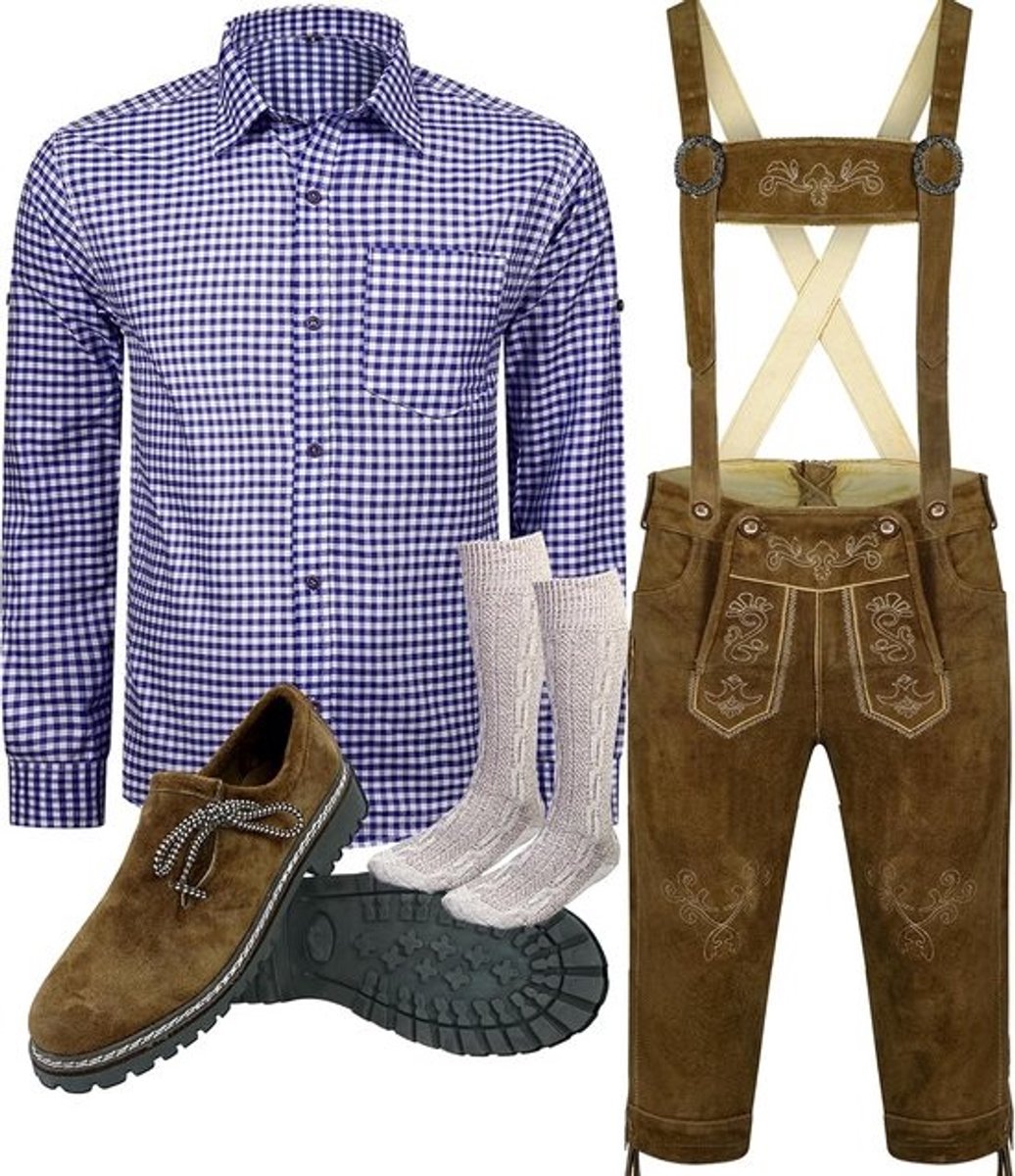 Heren klederdrachtset voor Oktoberfest - Lederhosen, overhemd, schoenen en sokken