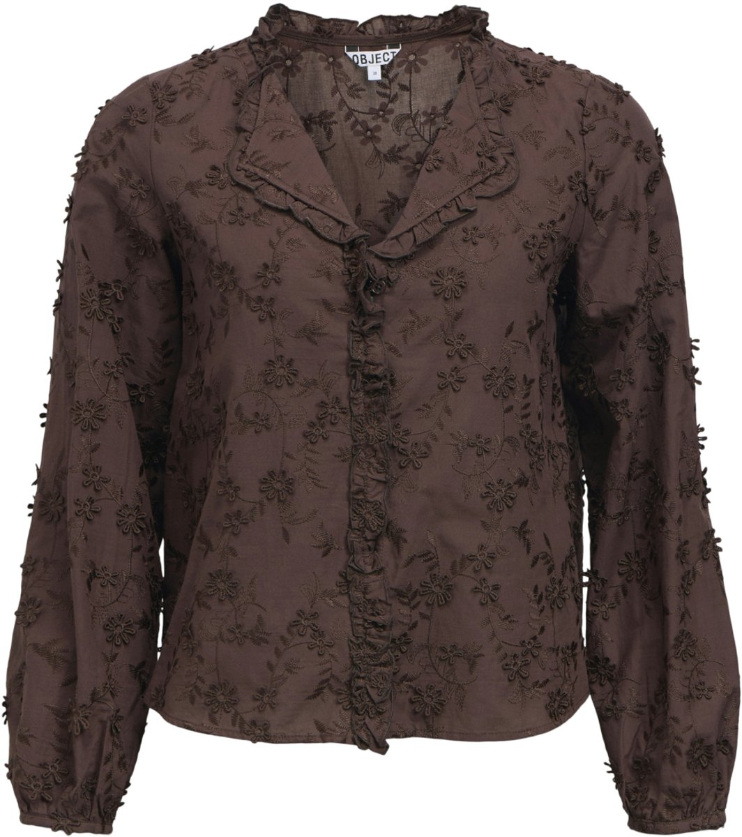 Object Blouse Objkarli L/s Re Shirt Noos 23049209 Seal Brown/emboidery Dames Maat - W40