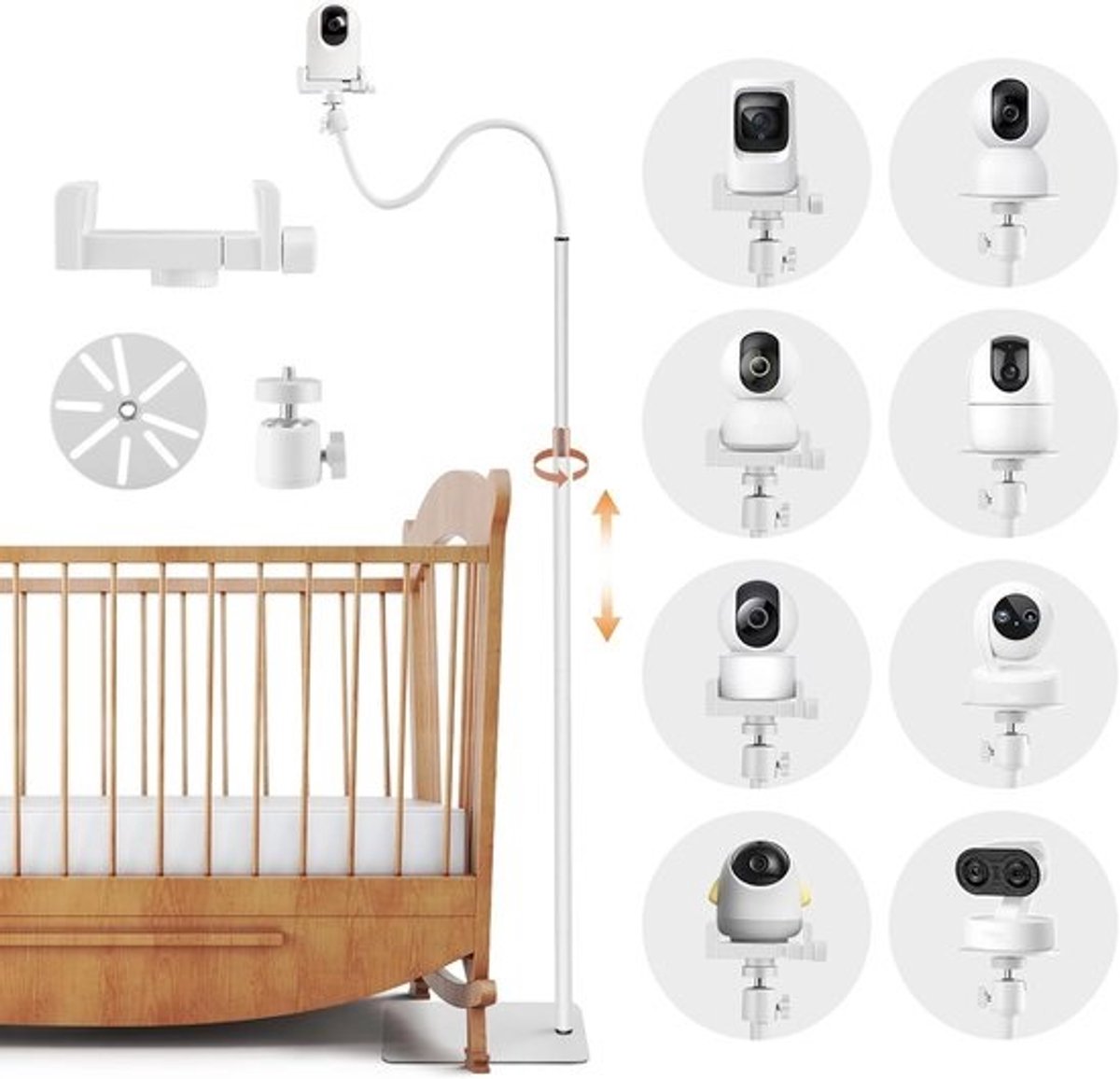 Babyfoon Standaard - Camera Houder - Babykamer Inrichting - 360 Graden Flexibel - 90-165 cm Verstelbaar - Wit