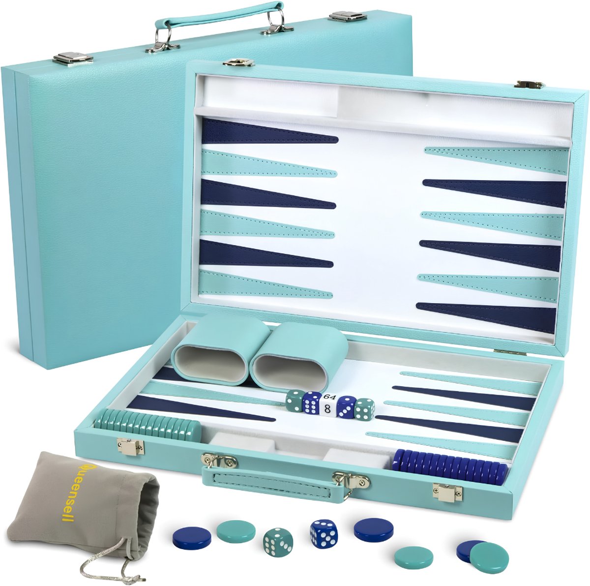 Lìon® Backgammon - Luxe Reiseditie - Backgammon Koffer - Turkoois - 38cm x 8cm x 1cm