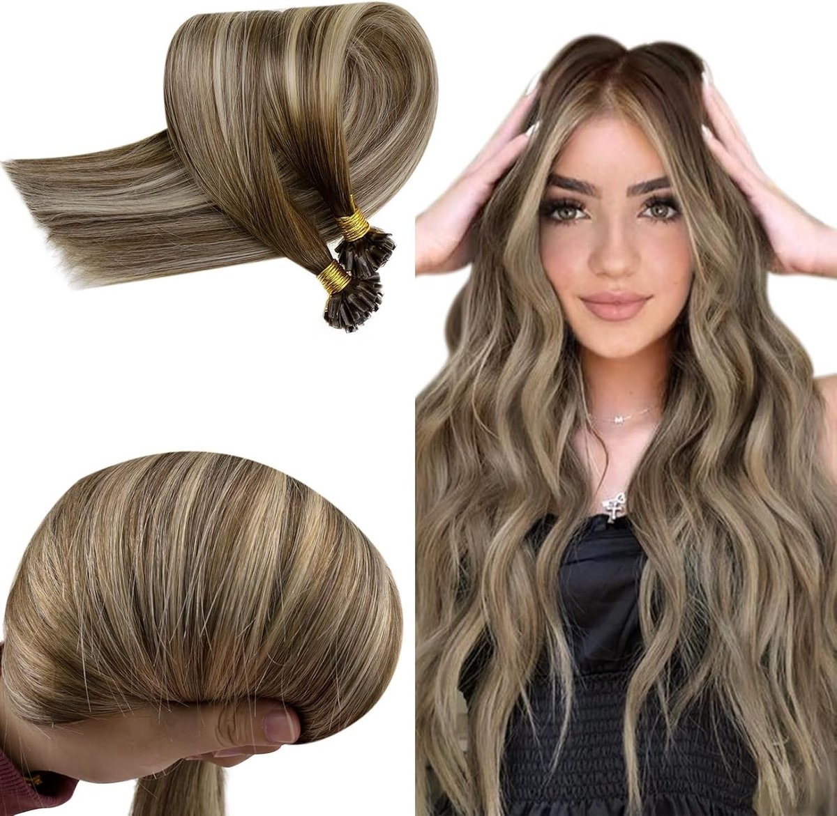 Natuurlijke Keratine Haarextensions Balayage Bruin Ombre Lichtblond 55cm 50s 50g voor Volumineus Haar