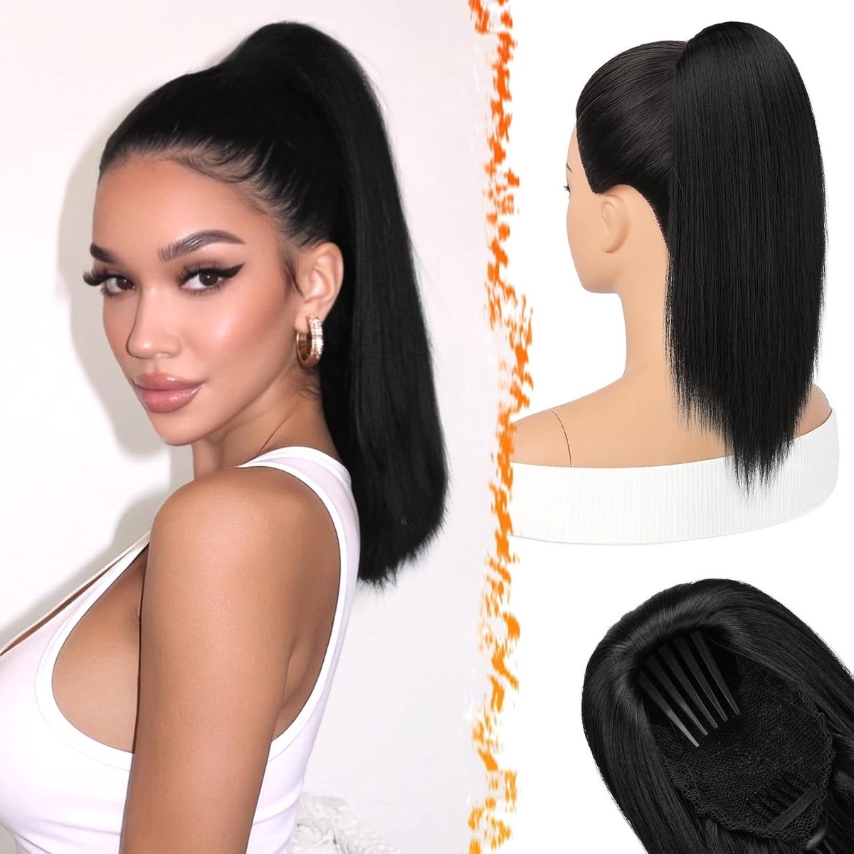Korte Stevige Ponytail Extensions met Trekkoord, 40cm Zwart Synthetisch Haar voor Dagelijks Gebruik en Wedstrijden
