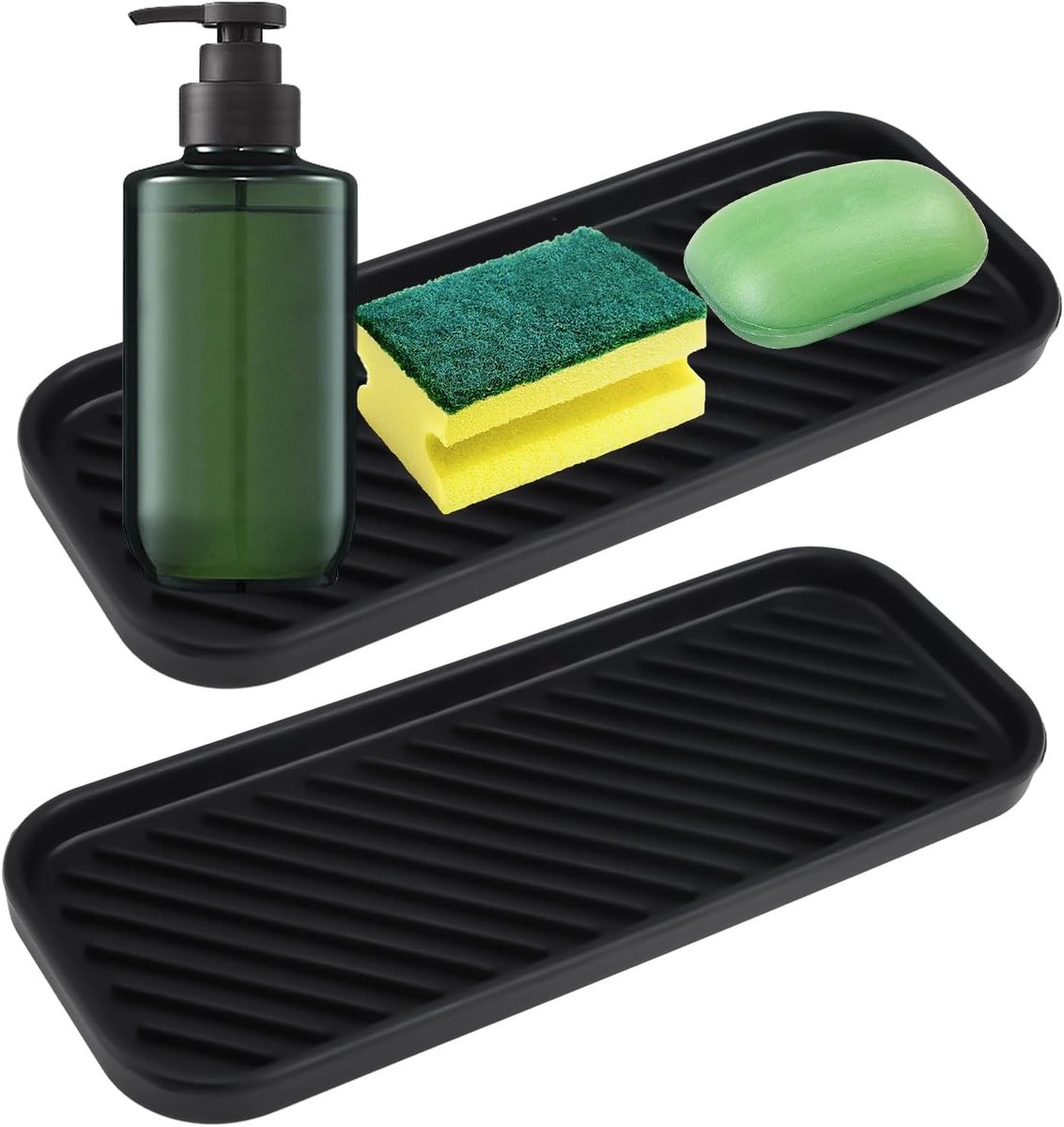Siliconen Spons Houder Set van 2, Organizer voor Keukenafval, Afwasmiddel en Keukenaccessoires - 23 x 9 cm (Zwart)