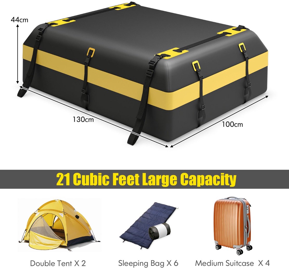 SureDeal® - Kamper - Waterdichte Dakdrager - Voertuig Daktas Antislipmat - Trekkoord - 130x100x44 cm - Zwart en Geel
