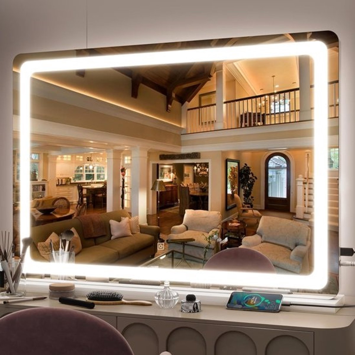 Grote make-upspiegel met verlichting en 10x vergroting - Dimbaar met 3 kleuren en touch-sensor