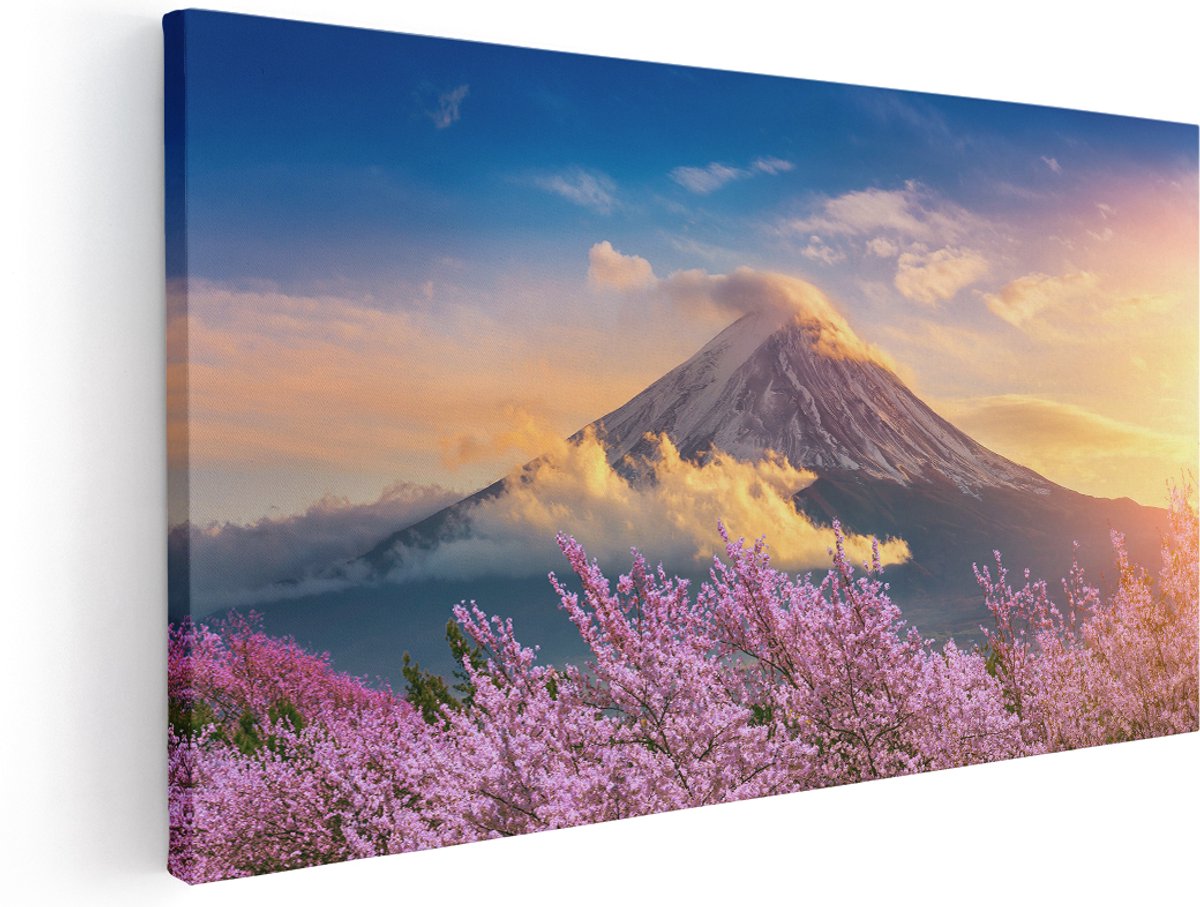 Artaza Canvas Schilderij Fuji Berg Met Roze Bloesembomen - Bloemen - 160x80 cm - Groot - Wanddecoratie Woonkamer - Schilderijen - Muurdecoratie