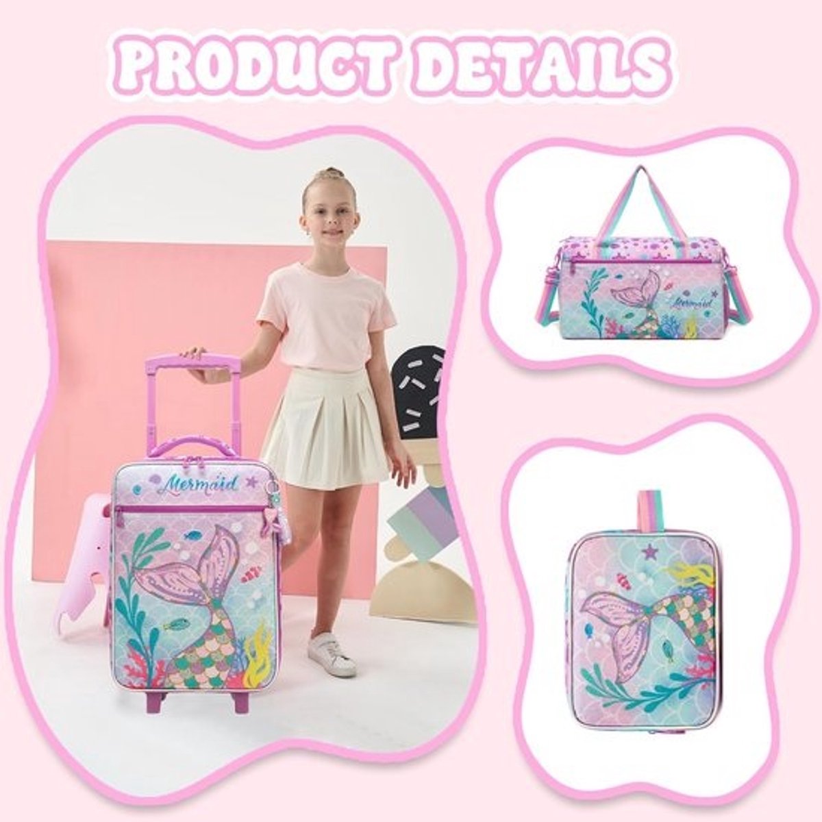 Kinderkoffer Set met Make-up Tasje - Handbagage Reiskoffer Meisjes Zeemeermin Thema