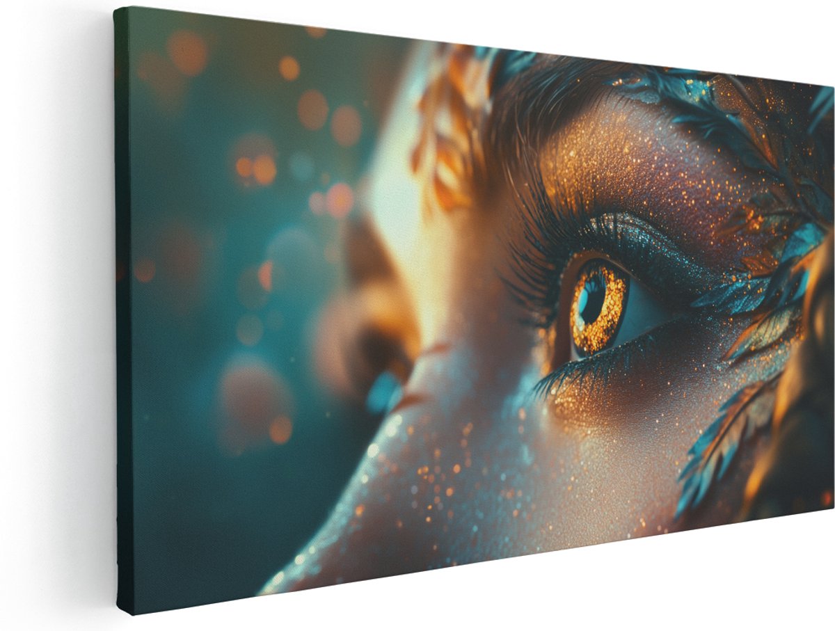 Artaza Canvas Schilderij Vrouw Goud - 160x80 cm - Groot - Wanddecoratie Oog Veren - Muurdecoratie Magisch - Schilderijen Op Canvas