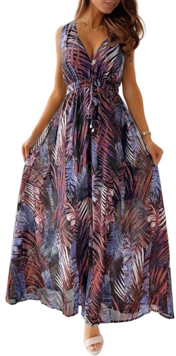 Lange Zomerjurk Dames Mouwloos Bloemenprint V-hals Boho Strandjurk