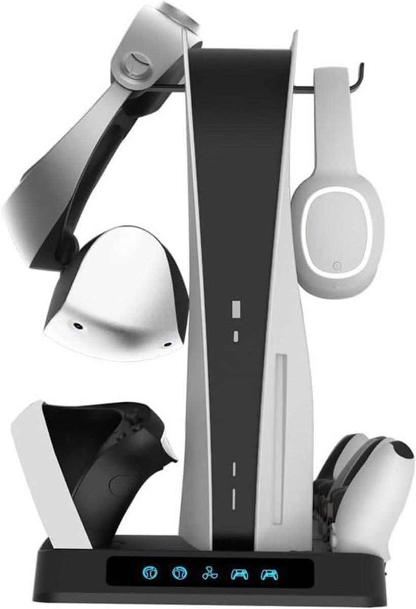Verticale Standaard voor PS5 en PSVR2 Controllers met Koelventilator en Headsethouder
