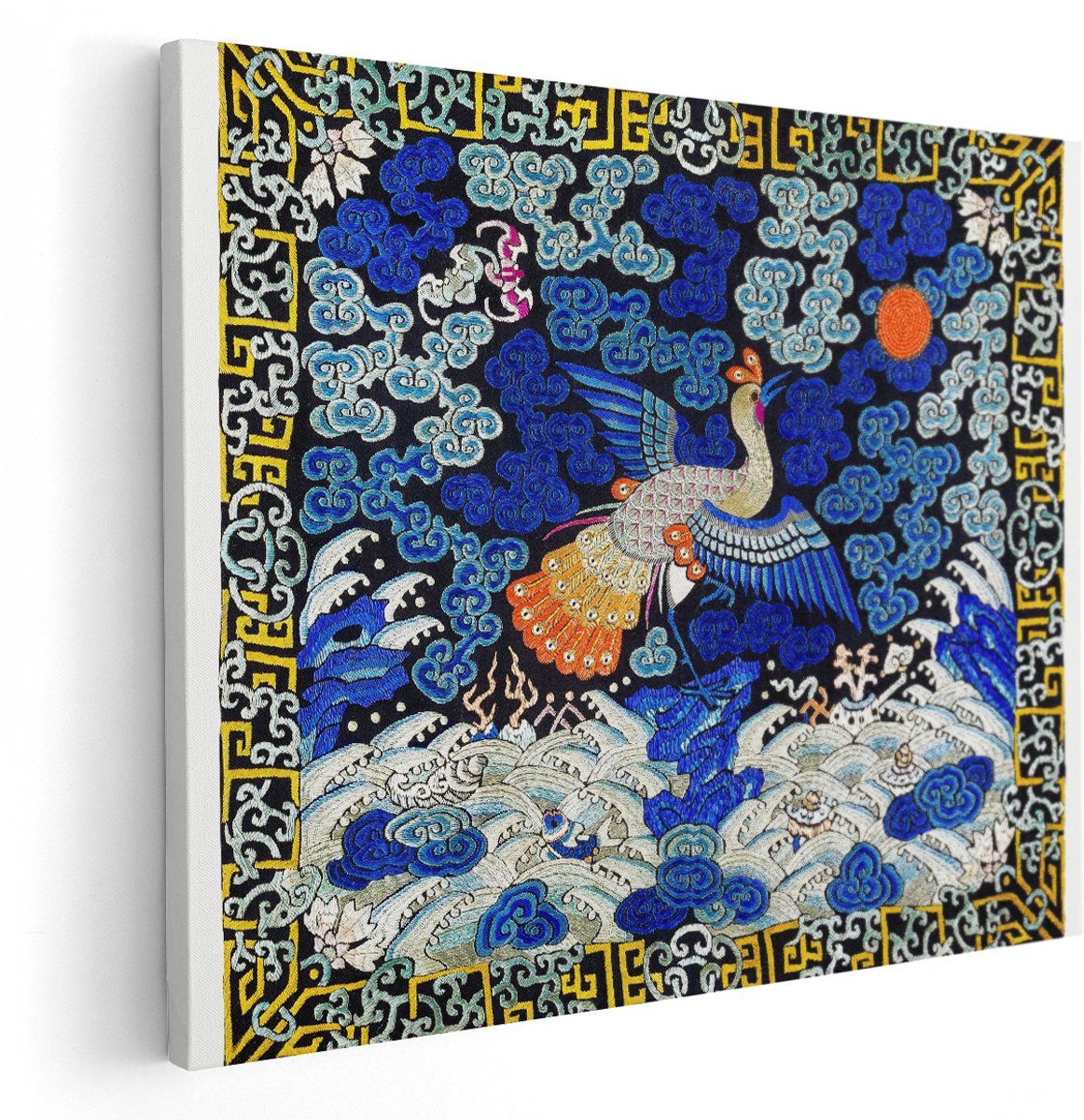 Artaza Canvas Schilderij Kraanvogel - 150x120 cm - Groot - Wanddecoratie Vogels - Muurdecoratie Oosters - Aziatisch Antiek Borduurwerk - Blauw