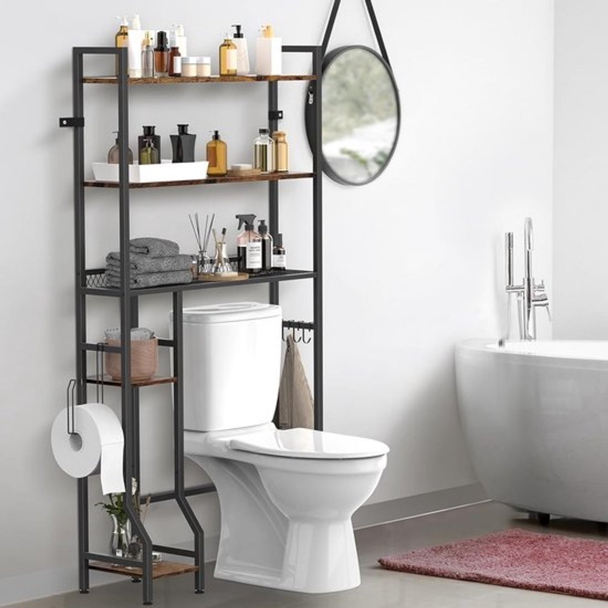 NOVIMANGO Boven het toilet opbergplank, 3 niveaus boven het toilet opbergrek, vrijstaand boven toiletstandaard met 4 haken, badkamerorganizer met extra zijplanken, rustiek bruin