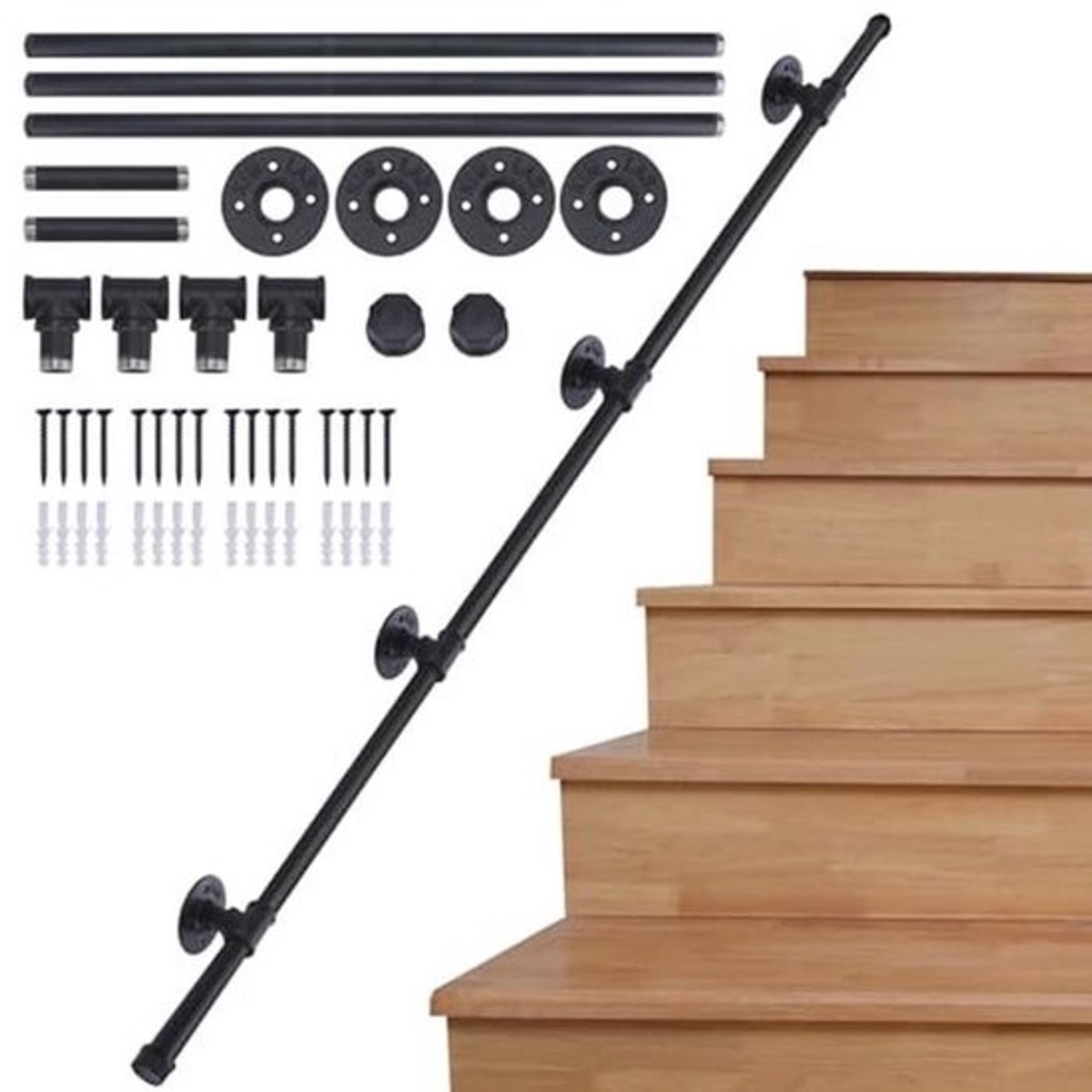 Zwarte Wandgemonteerde Trapleuning 3,95 m – Antislip Handrails voor Veilige Buitentreden