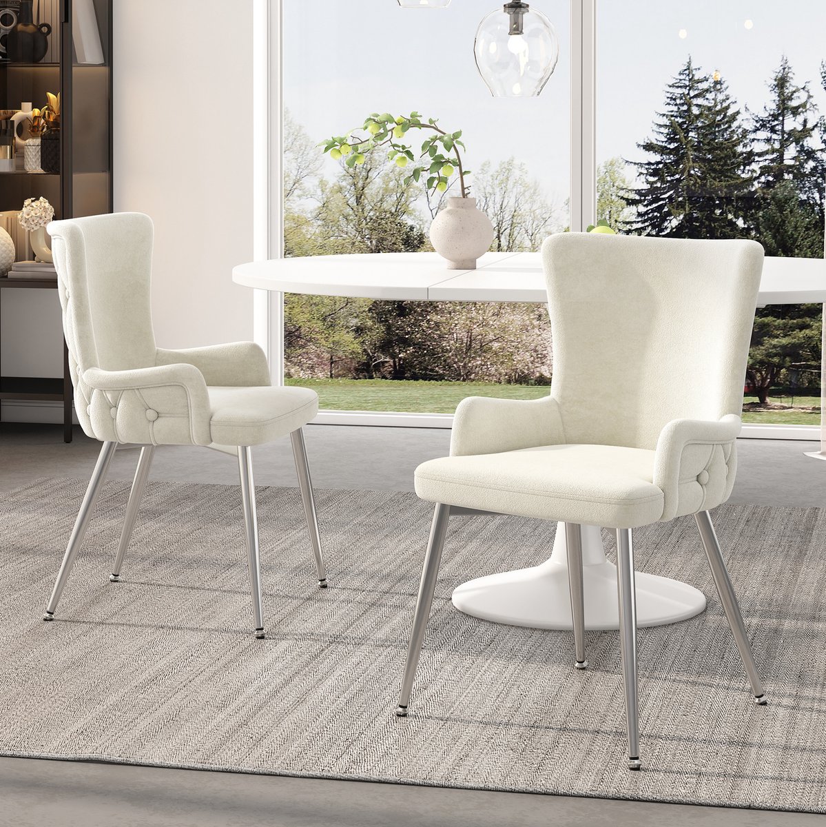 Wishdor Eetkamerstoel - Fluwelen bekleding - Armleuningen en hoge rugleuning - Modern design - Eetkamer woonkamer slaapkamer - Metaal en velvet - Beige zilver - 49 x 55 x 85 cm