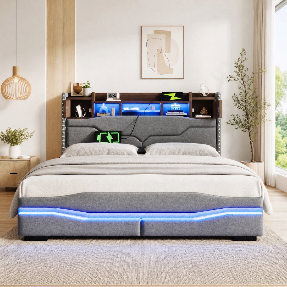 Wishdor Polsterbed met LED verlichting, USB en opbergruimte - Hydraulisch liftbed met hoofdbordvak en lattenbodem - Stof - Grijs - 220 x 166 x 111 cm