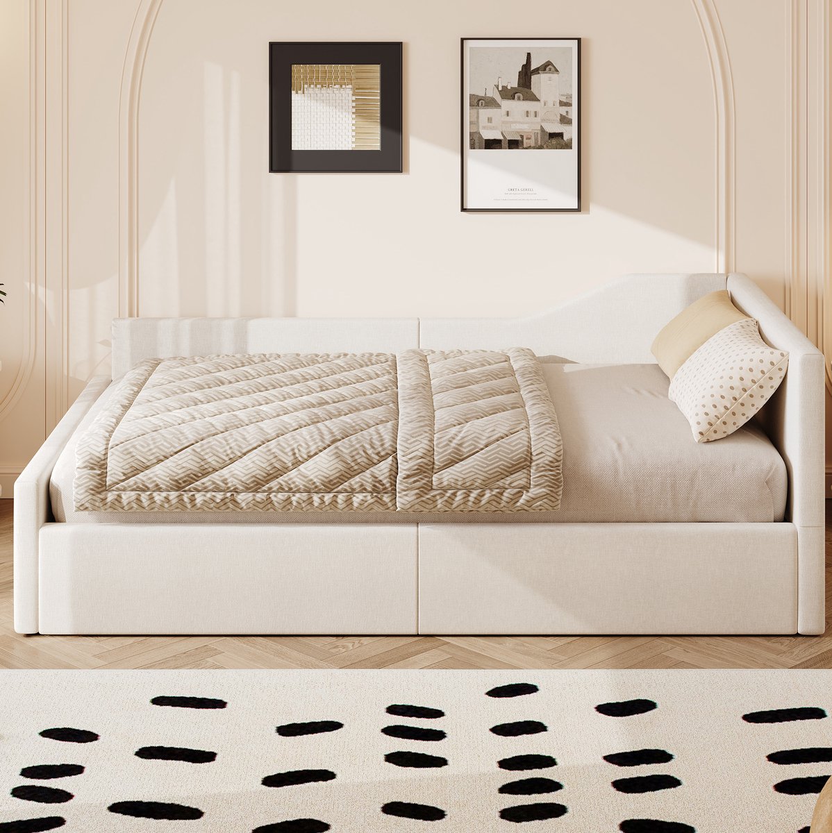 Wishdor Slaapbank 140x200 cm - Met opbergruimte - Met lattenbodem - Modern design - Woonkamer slaapkamer logeerkamer - Hout MDF stof - Beige