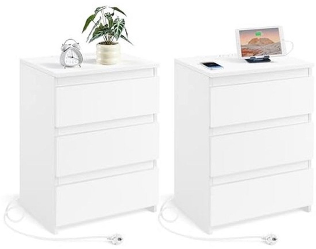 Nachtkastjes met laadstation en 3 laden - Wit, Set van 2 - Vintage Design