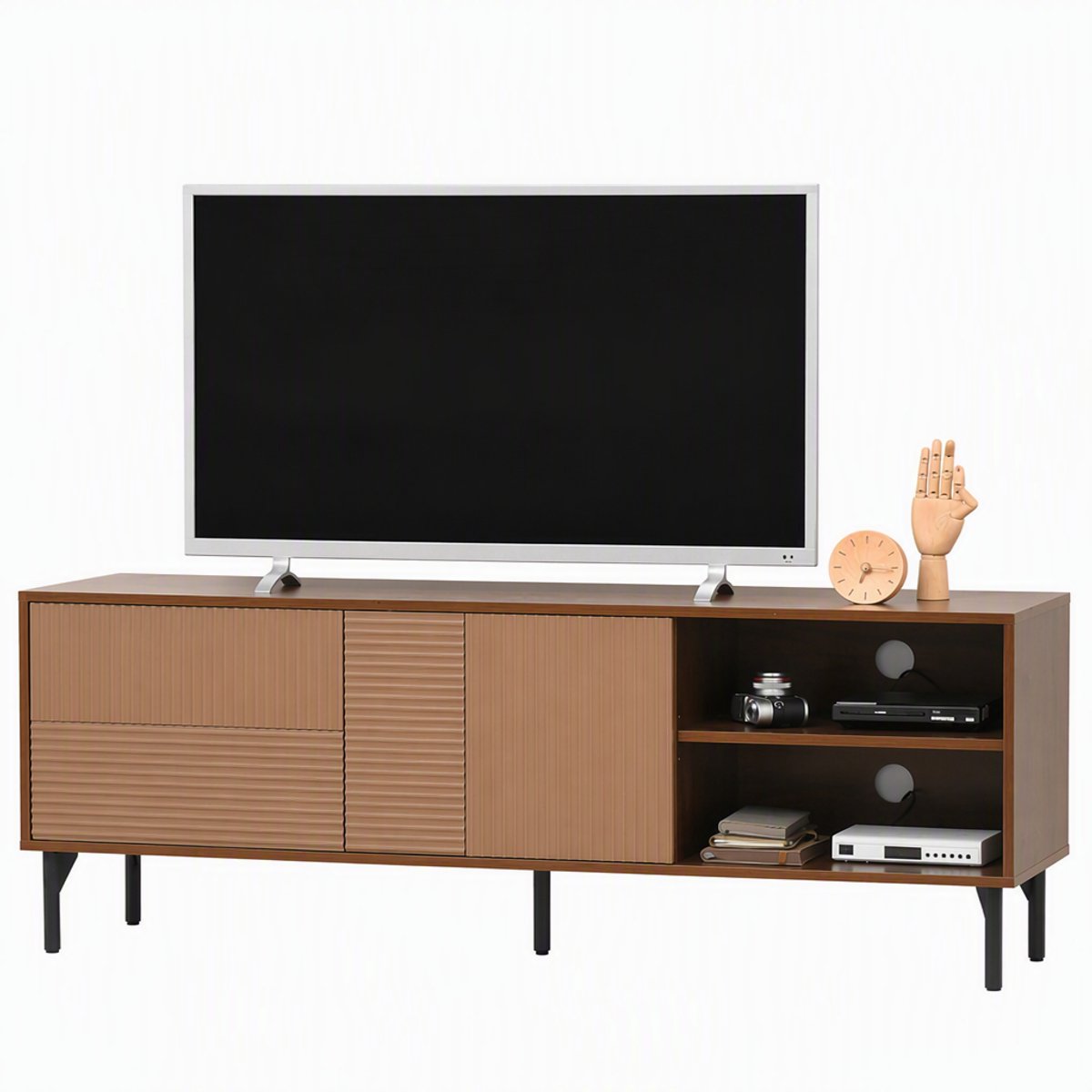 ECTEATOY ®TV-Meubel voor TV's tot 65 Inch - TV-Kast met 2 Deurtjes en Open Vakken - Lowboard met Kabelgat - 150x40x56 cm - Bruin