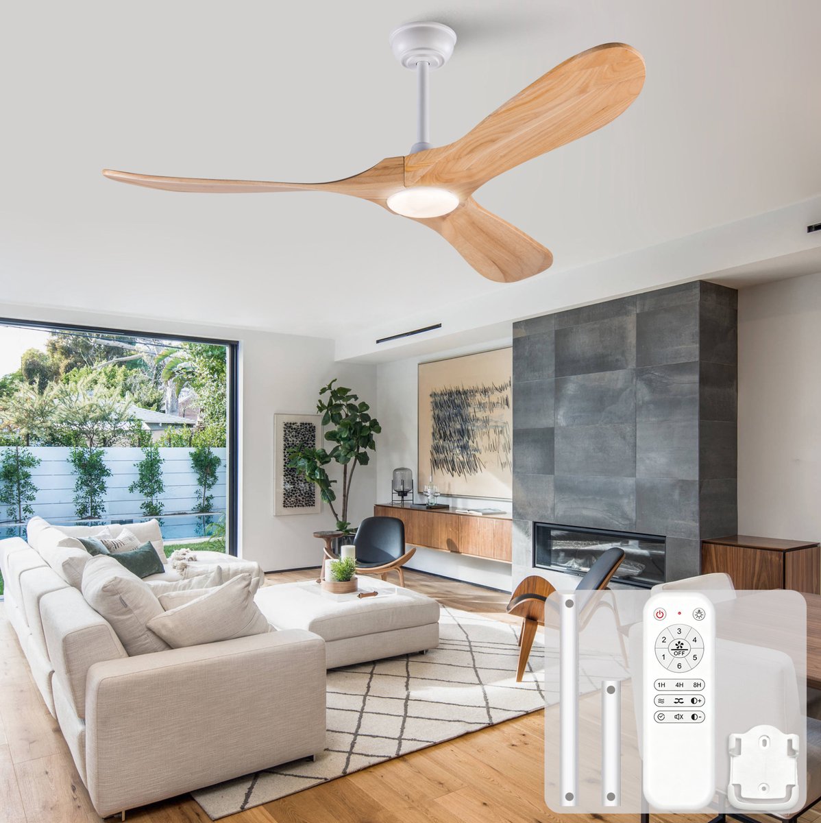 COVREO Plafondventilator met verlichting 52 inch wit naturel hout - met afstandsbediening - 6 snelheden - timer