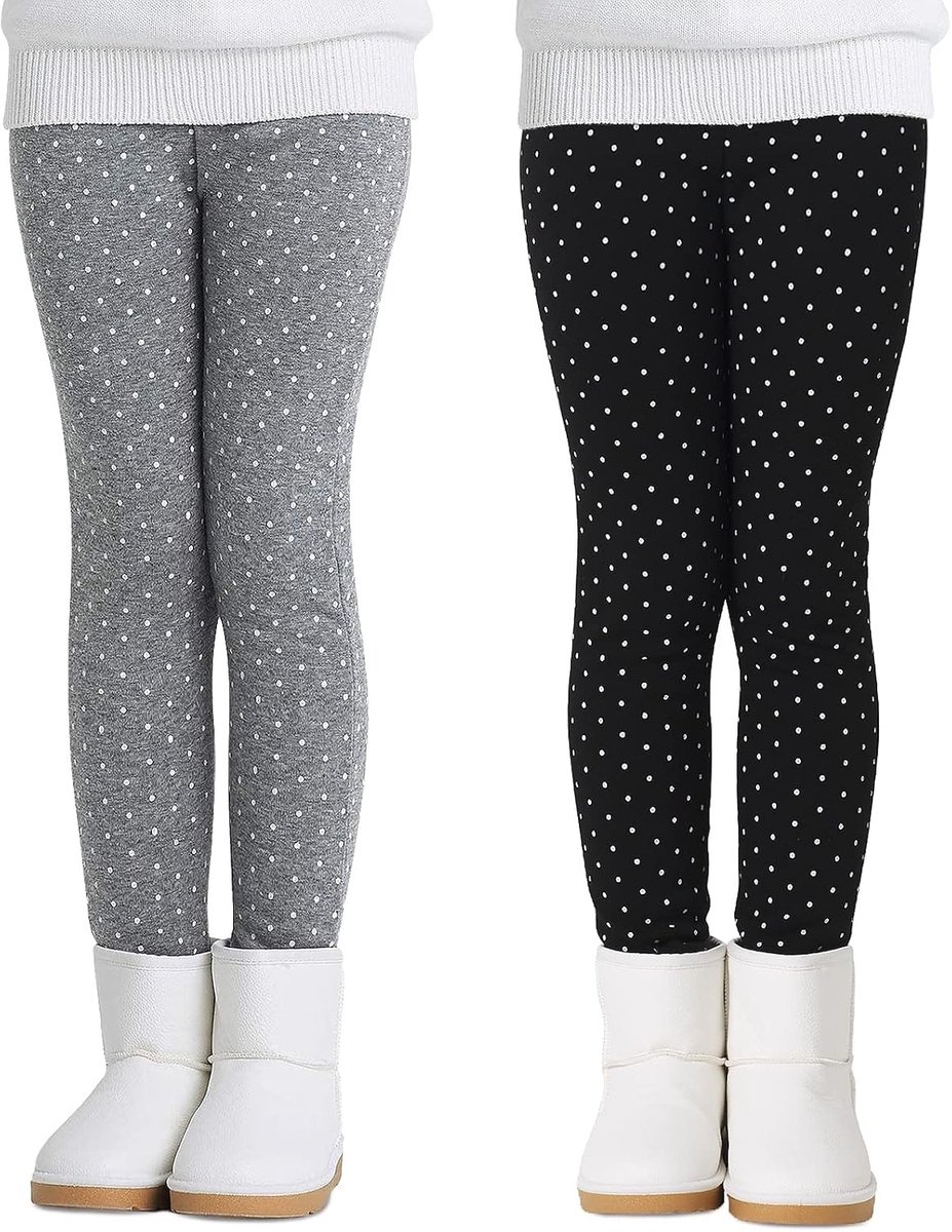 Dikke Meisjes Leggings van Katoen, 2-Pack in Zwart met Dots en Grijs met Dots, Maat 146-152 EU, Comfortabele en Ademend voor Elke Gelegenheid
