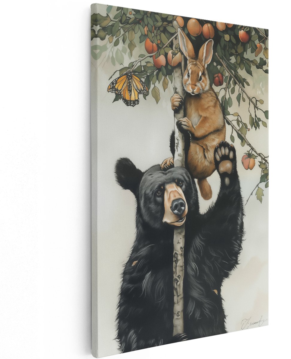 Artaza Canvas Schilderij Beer en een Konijn in een Boom - Dieren - 120x180 cm - Groot - Wanddecoratie Woonkamer - Schilderijen - Muurdecoratie