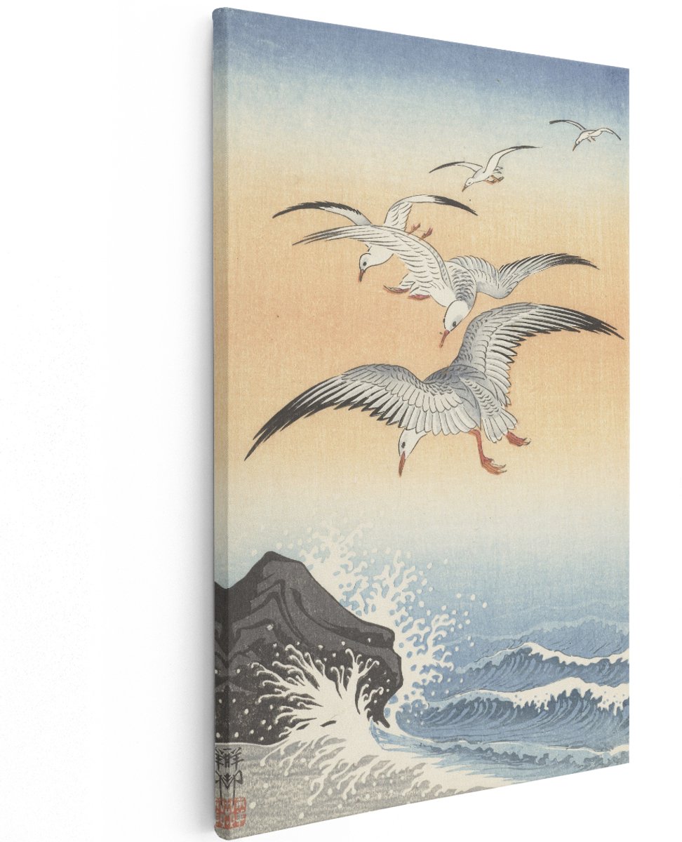Artaza Canvas Schilderij Vijf Zeemeeuwen boven Onstuimige Zee - Ohara Koson - 120x180 cm - Groot - Kunst - Wanddecoratie Woonkamer