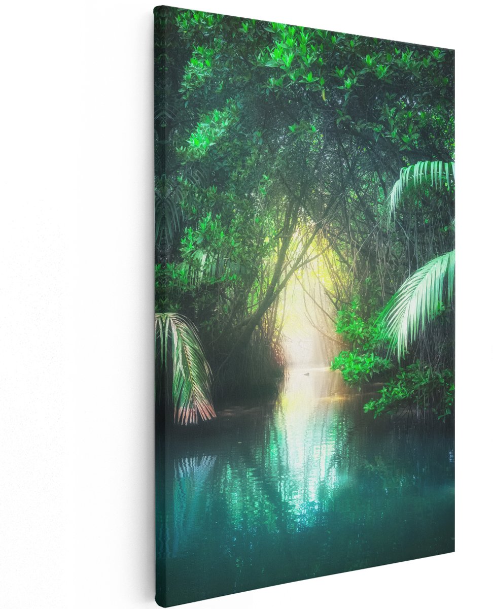 Artaza Canvas Schilderij Tropische Jungle Met Een Turquoise Meer - 120x180 cm - Groot - Wanddecoratie Woonkamer - Schilderijen - Muurdecoratie