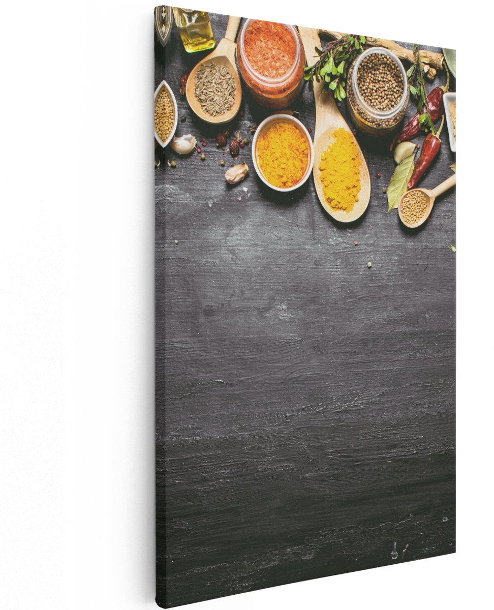 Artaza Canvas Schilderij Indiase Kruiden Op Een Zwarte Tafel - 120x180 cm - Groot - Wanddecoratie Woonkamer - Schilderijen - Muurdecoratie