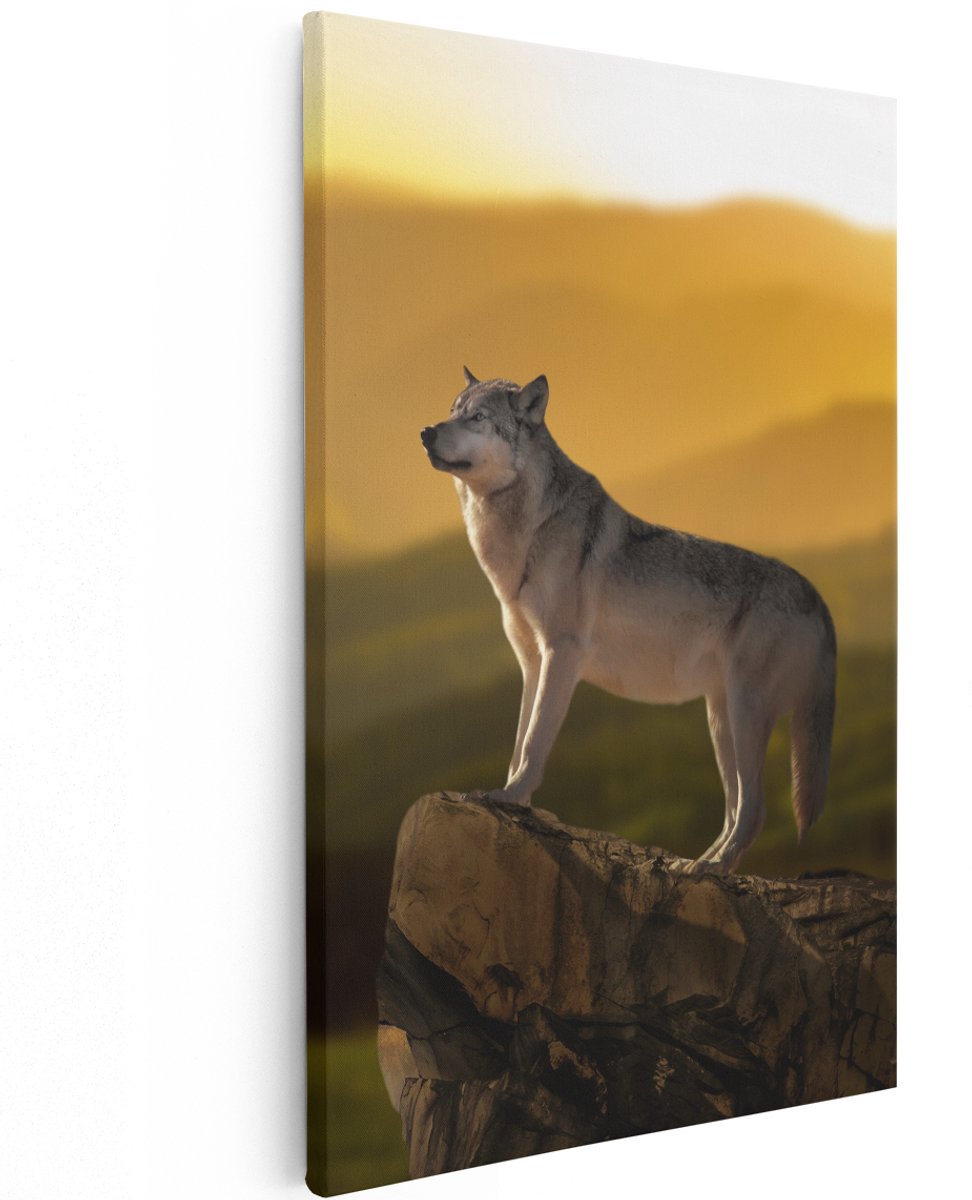 Artaza Canvas Schilderij Wolf Op Een Rots Met Een Heuvel Landschap - 120x180 cm - Groot - Wanddecoratie Woonkamer - Schilderijen - Muurdecoratie