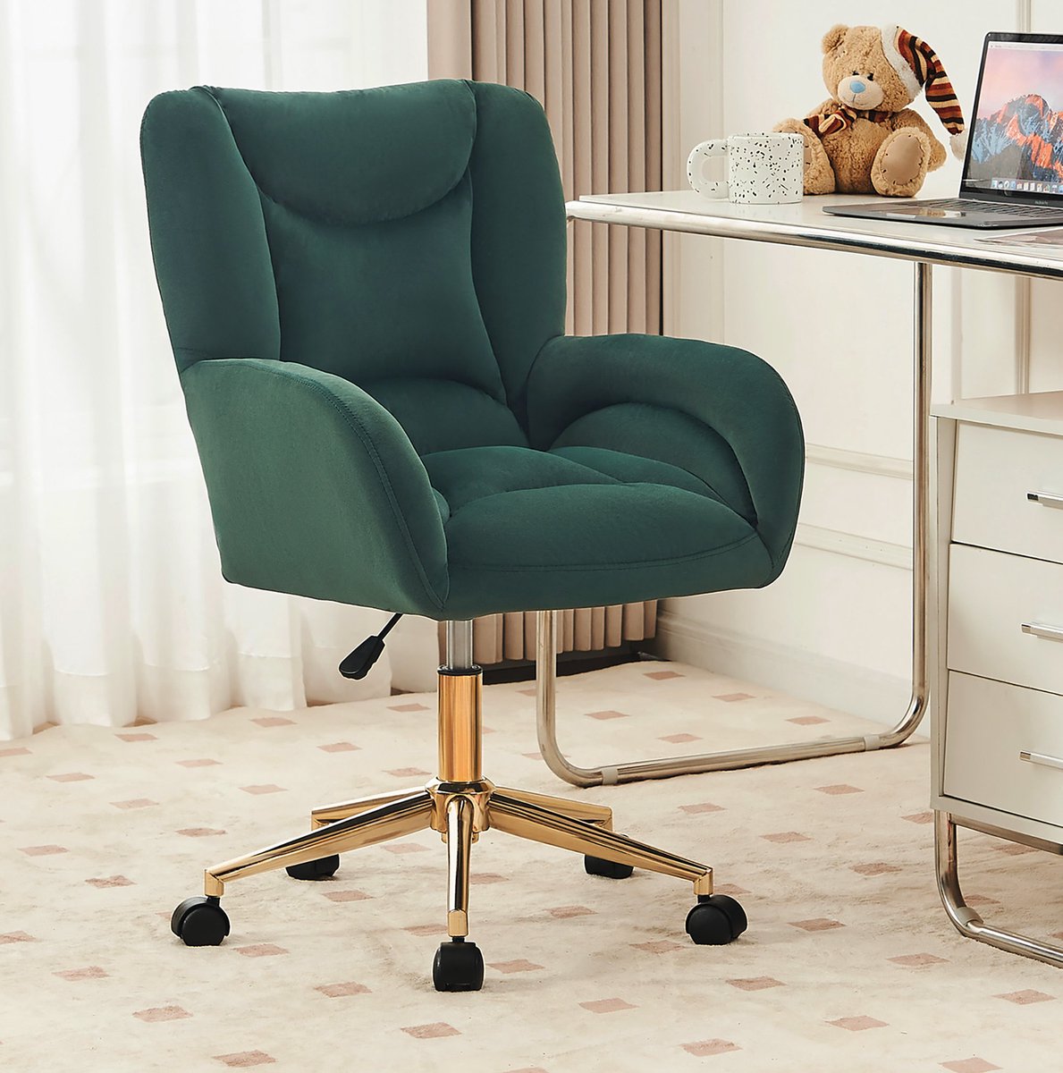 Wishdor Bureaustoel - Groen velvet - Verstelbare hoogte draaibaar met wielen - Ergonomische zachte zitting - Home office bureau slaapkamer - Metaal - 64 x 62 x 92,5 cm