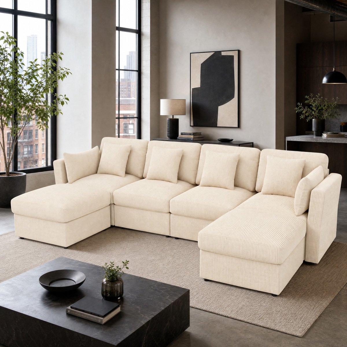 REDOM - U-bank - Modulaire opstelling - Verstelbare armleuningen en 2 verplaatsbare hockers - Woonkamer - Hout, kunststof en corduroy - Beige - 290 x 159,5 x 89 cm