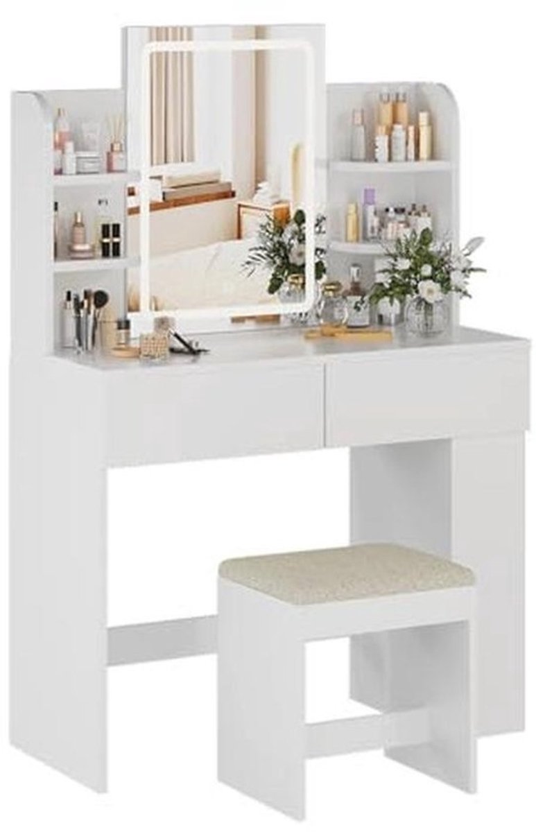 Moderne Kaptafel met LED-verlichting en Kruk, Frisiertafel met 2 Laden en Spiegel